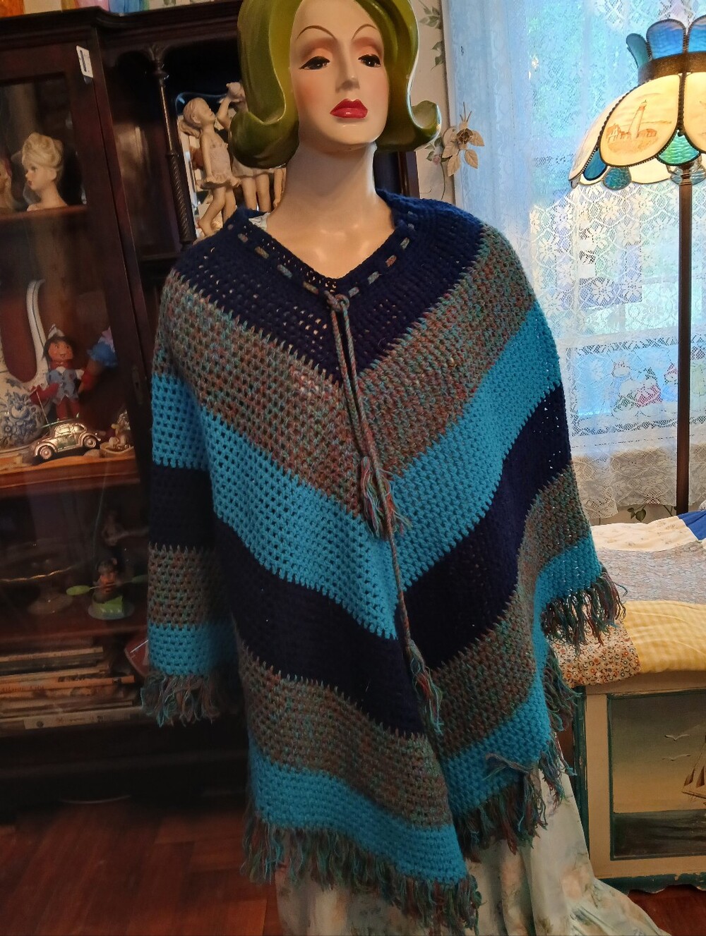 Handmade Blue Stripe Knit Poncho Sweater One Size